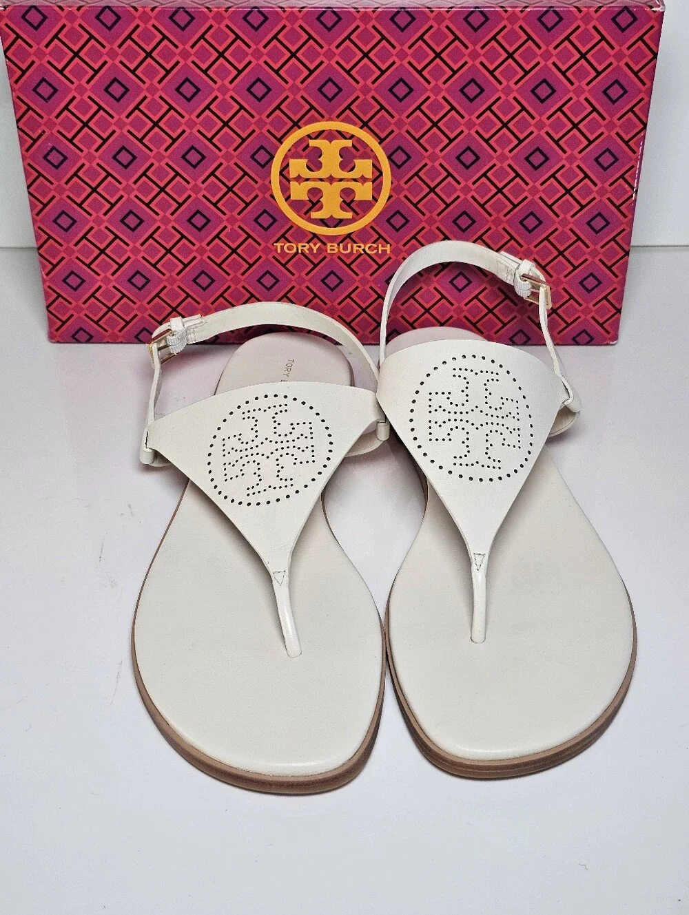 Tory Burch Capri Perf Leather Sandal Light Cream Size 10.5 NIB